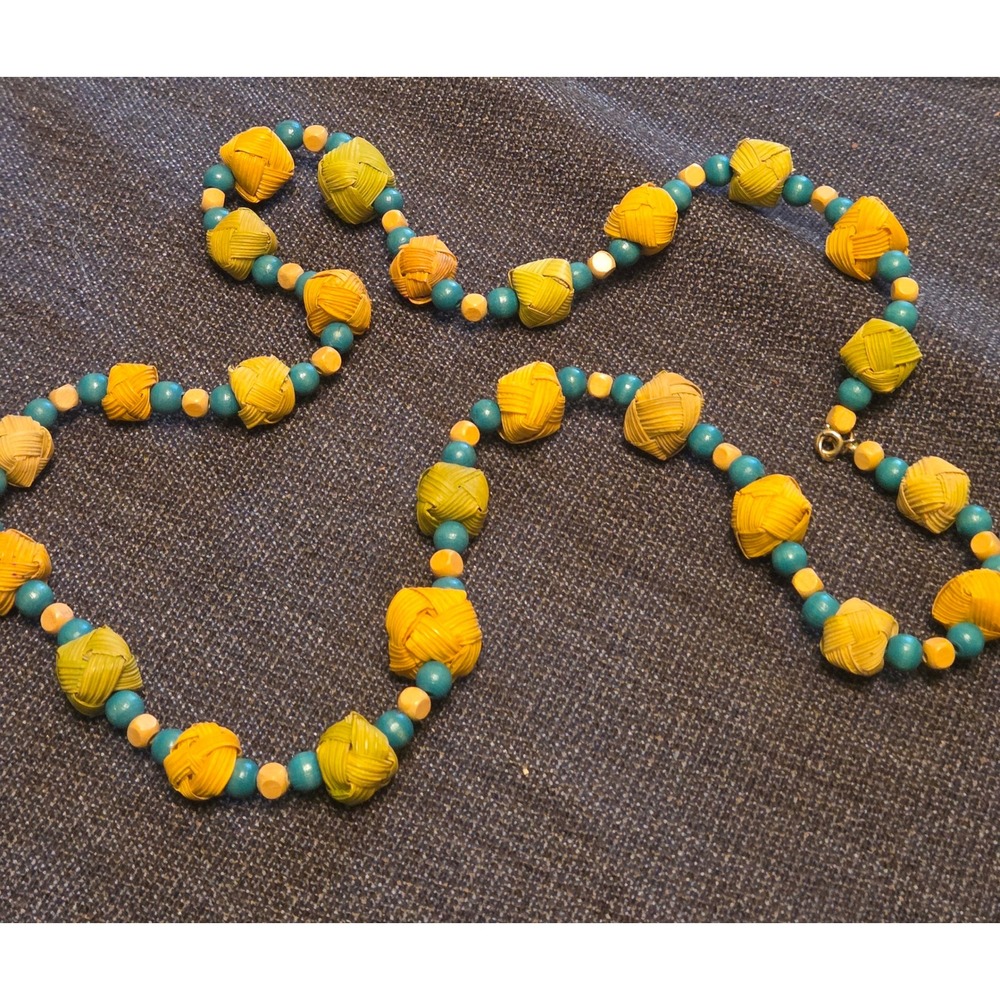 Vintage Woven Straw & Wood Bead Necklace Tropical Boho Turquoise‎ Yellow 32 Inch